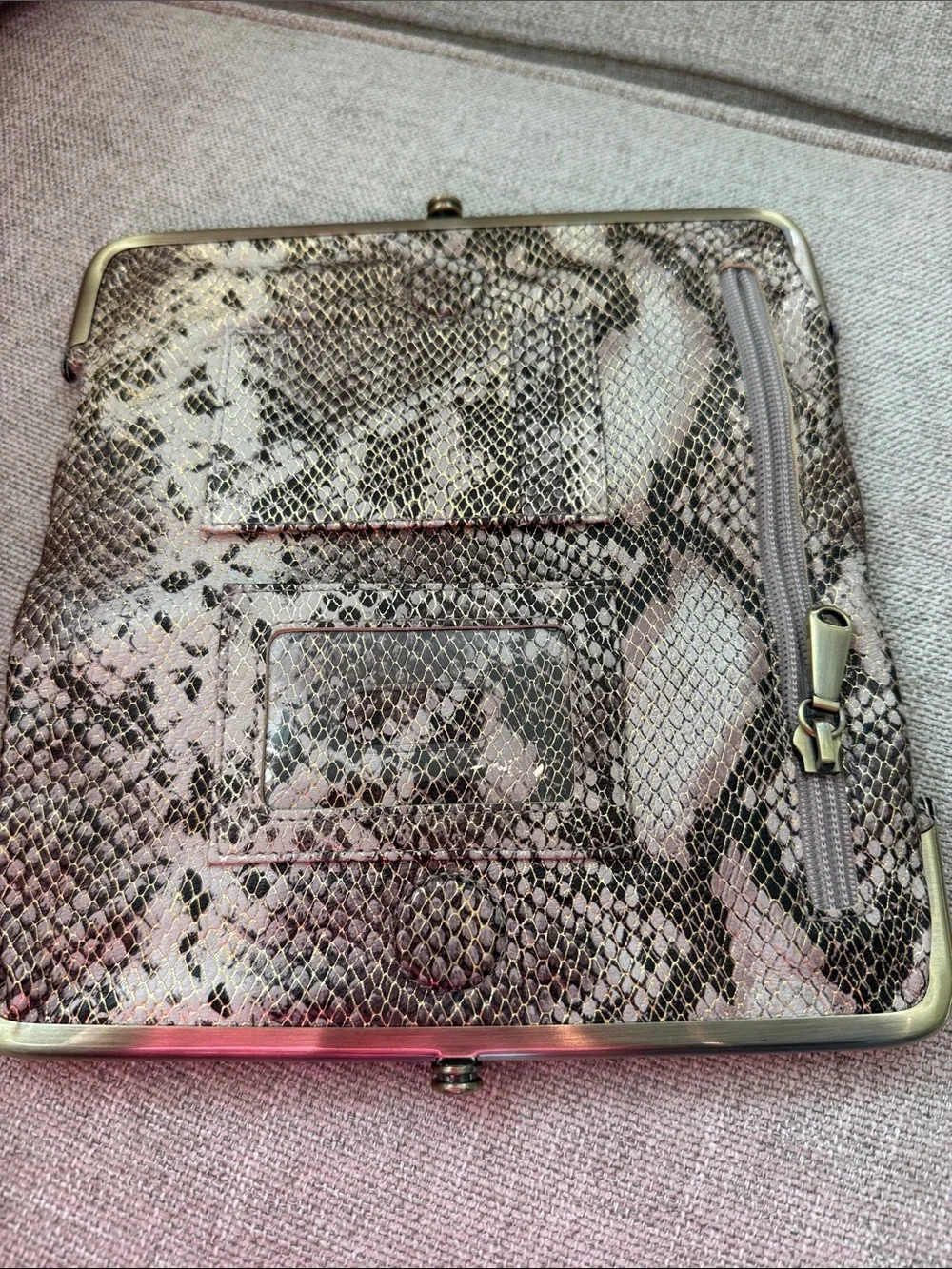 HOBO Snake-Print Clutch in Black and White with Gold Frame